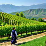 Kakheti Vineyard in Spring**

"A scenic view of a vineyard in Kakheti, Georgia, in the springtime. Lush green grapevines are in full bloom with colorful flowers scattered throughout the landscape. A professional woman in modest clothing is walking through the rows of vines. In the background, rolling hills and mountains are visible under a clear blue sky.  Safe for work, appropriate content, fully clothed, professional, perfect anatomy, natural proportions, high quality photography, family-friendly."

**
