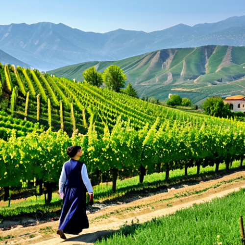 Home 4 Kakheti Vineyard in Spring**
"A scenic view of a vineyard in Kakheti, Georgia, in the springtime. Lush green grapevines are in full bloom with colorful flowers scattered throughout the landscape. A professional woman in modest clothing is walking through the rows of vines. In the background, rolling hills and mountains are visible under a clear blue sky. Safe for work, appropriate content, fully clothed, professional, perfect anatomy, natural proportions, high quality photography, family-friendly."
**
