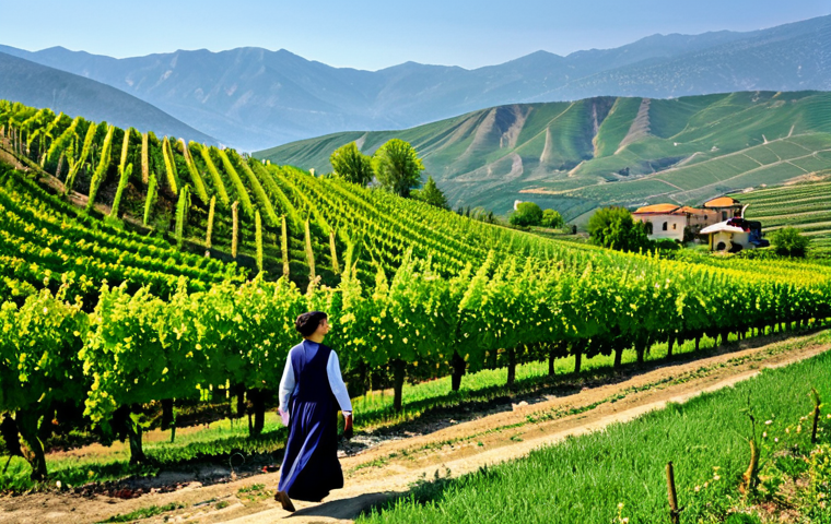 Kakheti Vineyard in Spring**

"A scenic view of a vineyard in Kakheti, Georgia, in the springtime. Lush green grapevines are in full bloom with colorful flowers scattered throughout the landscape. A professional woman in modest clothing is walking through the rows of vines. In the background, rolling hills and mountains are visible under a clear blue sky.  Safe for work, appropriate content, fully clothed, professional, perfect anatomy, natural proportions, high quality photography, family-friendly."

**