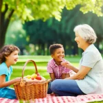 조지아 비자 발급 절차 - Joyful Family Picnic in a Sunny Park**
A diverse, multi-generational family (parents, two children,...