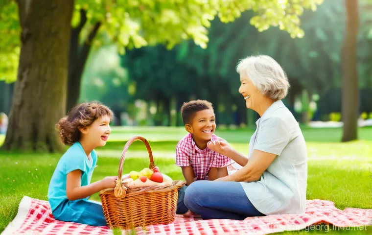 조지아 비자 발급 절차 - Joyful Family Picnic in a Sunny Park**
A diverse, multi-generational family (parents, two children,...