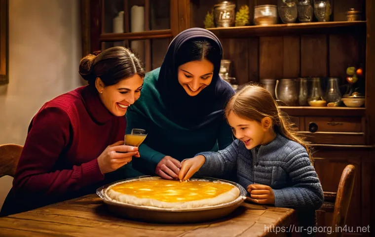 조지아의 독특한 축제 음식 - **A heartwarming scene of a Georgian family celebrating Christmas. A beautifully prepared Guruli Kha...