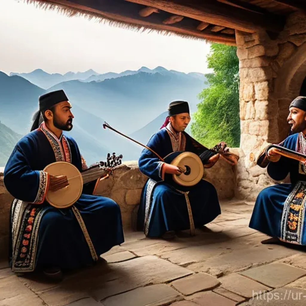 조지아 민속 음악 축제 - A group of Georgian folk musicians, dressed in richly embroidered traditional national costumes, are...