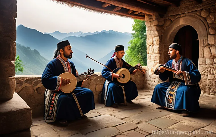 조지아 민속 음악 축제 - A group of Georgian folk musicians, dressed in richly embroidered traditional national costumes, are...